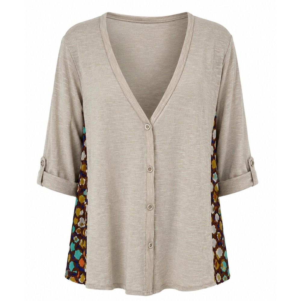 Democracy Button Front Top Womens Size S Tan Mixed Media Geometric Back Rolltab
